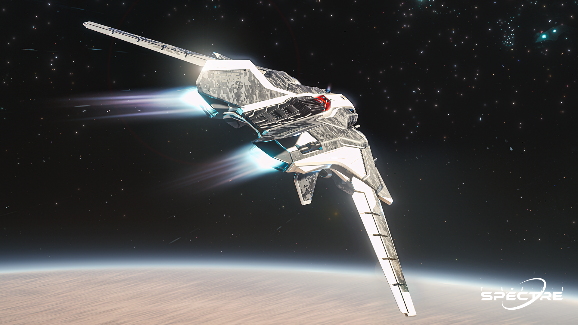 Star Citizen Sabre Comet by Aegis Dynamics flying above a planetary horizon, captured with a clean silhouette and balanced space composition.