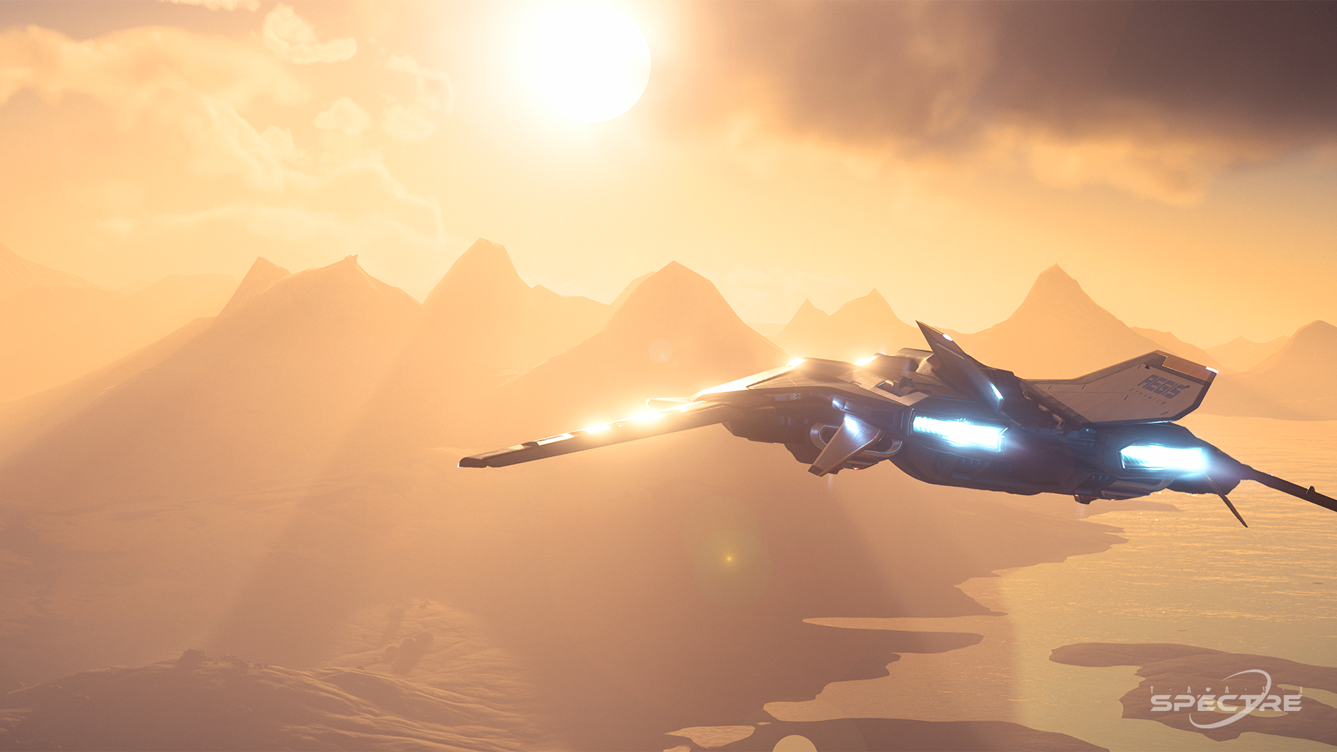 Star Citizen Sabre Comet by Aegis Dynamics flying at low altitude during sunset, warm light defining its shape and surface materials.