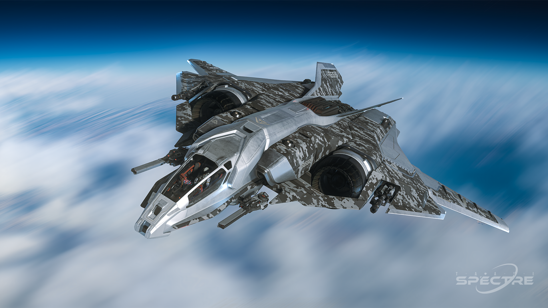 Star Citizen wallpaper showing the Aegis Dynamics Sabre Comet in Starlight paint flying above cloud layers with strong motion and reflective metallic surfaces.