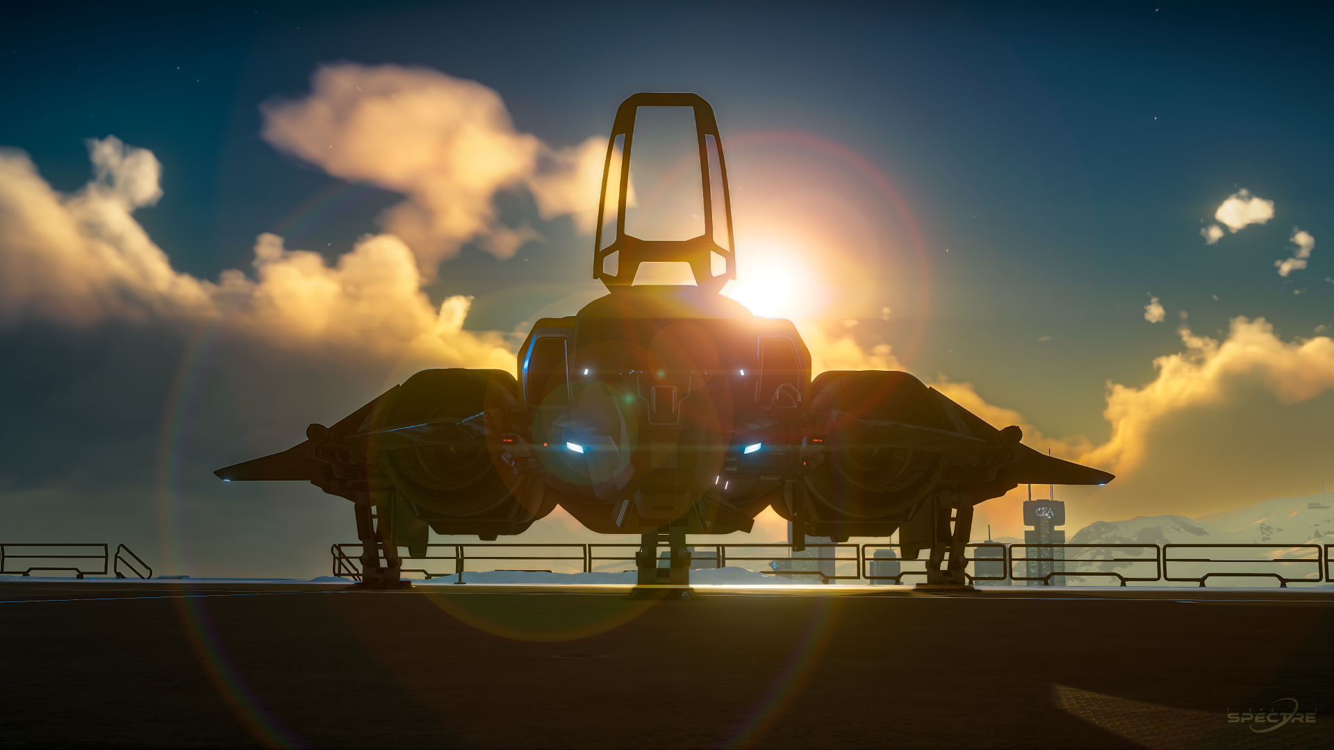 Star Citizen wallpaper featuring the Sabre Comet in standard paint flying toward a sunset, emphasizing warm lighting, engine glow, and expansive terrain.