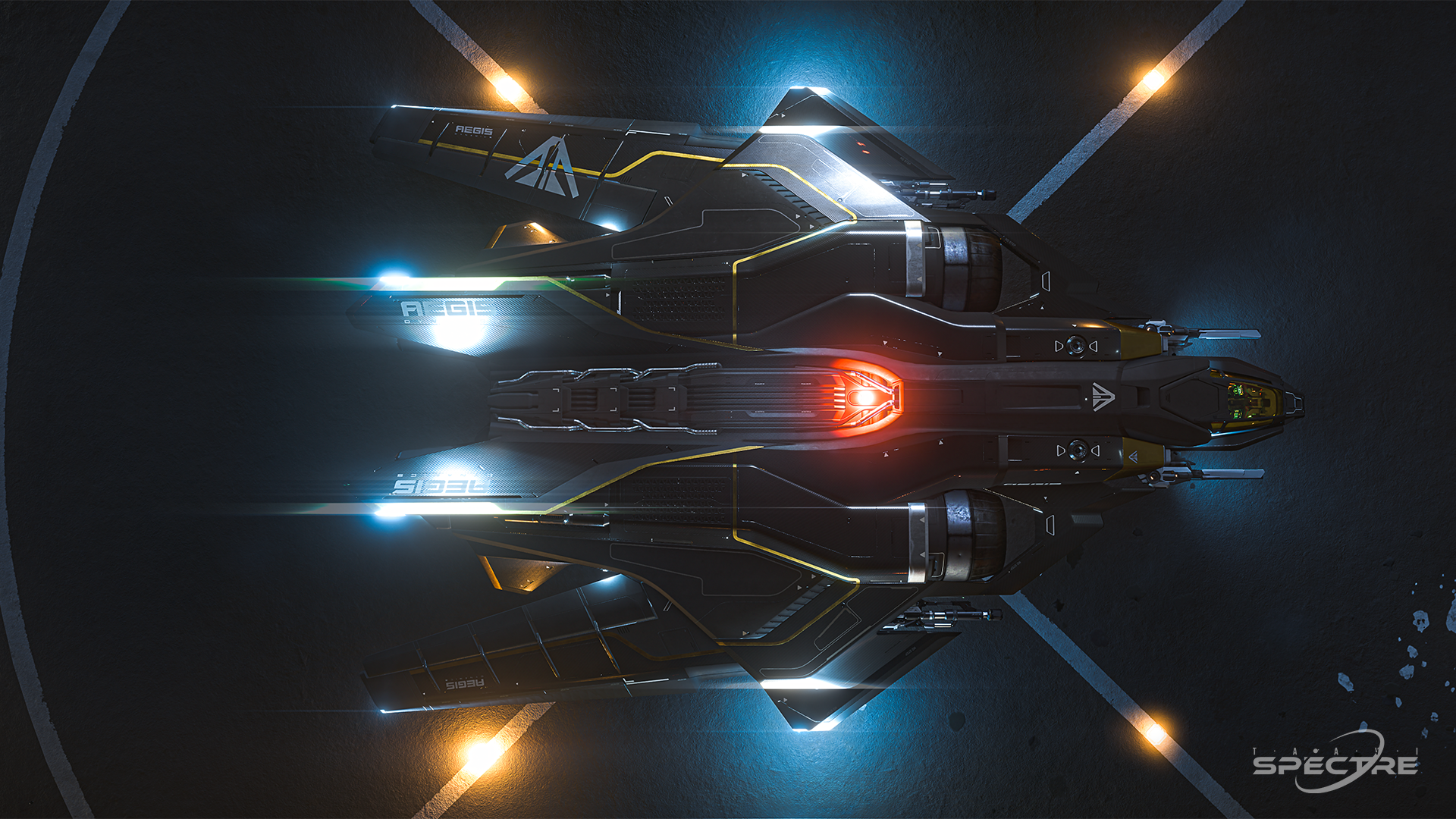 Star Citizen wallpaper showing a Sabre Comet in Ashcloud paint flying above a city through cloud cover, highlighting angular design and muted camouflage textures.