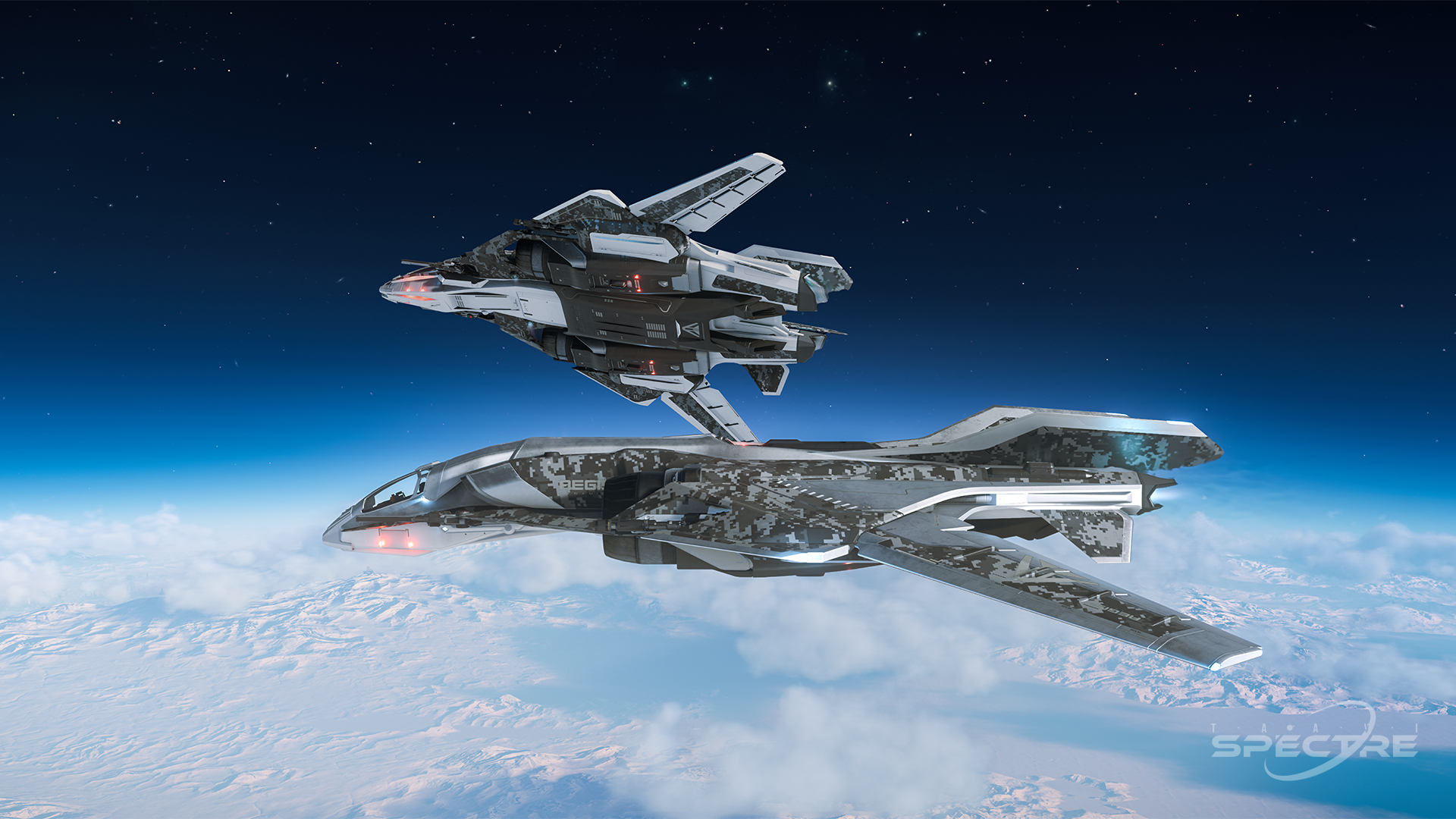 Star Citizen wallpaper featuring two Sabre Comet fighters in Starlight paint flying in formation above cloud layers with strong symmetry and depth.