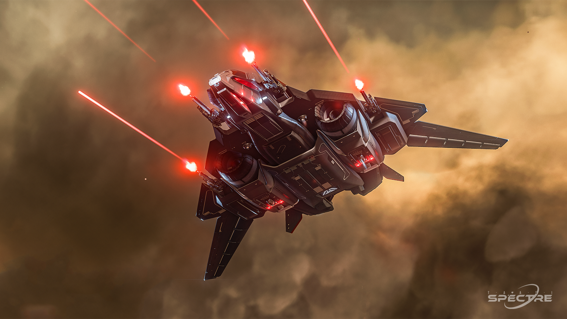 Star Citizen Sabre Black Magic engaging through dense atmosphere, cinematic sci-fi wallpaper focused on light, motion, and structure.