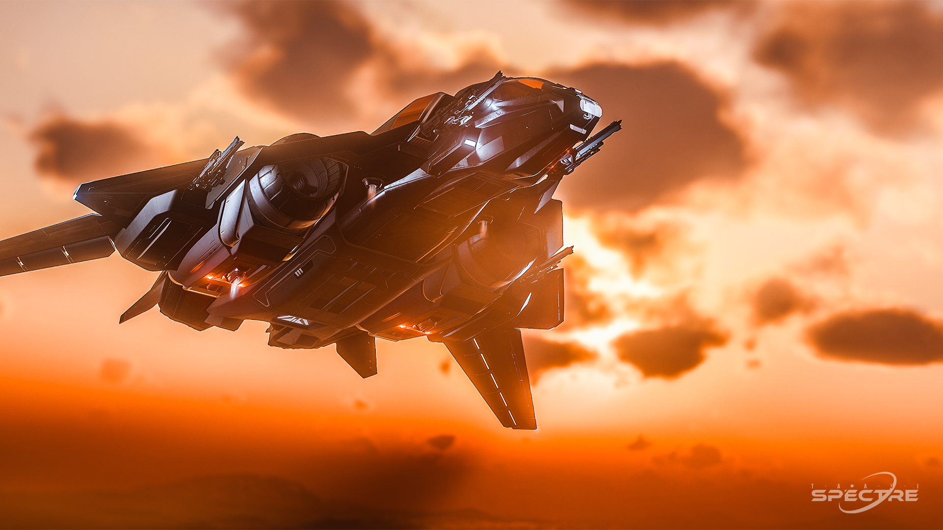 Star Citizen Sabre Black Magic flying through dusk clouds, cinematic wallpaper emphasizing warm light against dark spacecraft materials.