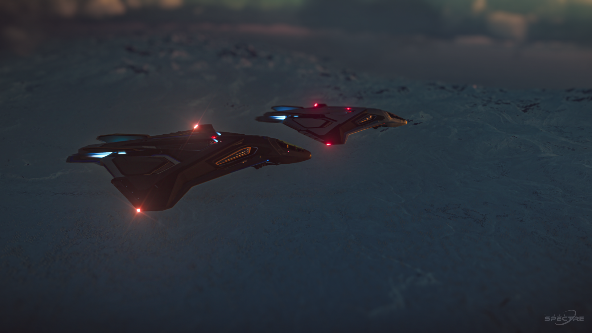 Star Citizen wallpaper featuring the Aegis Dynamics Sabre Firebird flying in night formation, highlighted by navigation lights and a dark planetary surface.