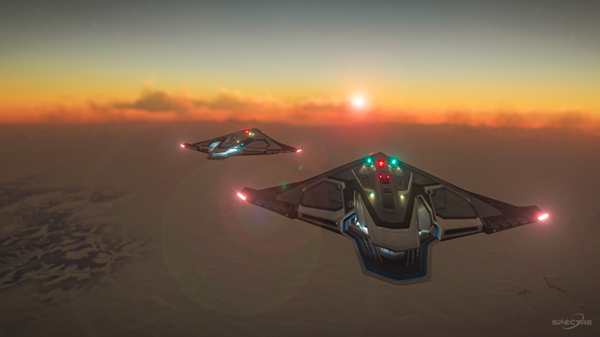Star Citizen wallpaper showing two Aegis Dynamics Sabre Firebirds flying in formation at night, defined by navigation lights and low-contrast terrain.