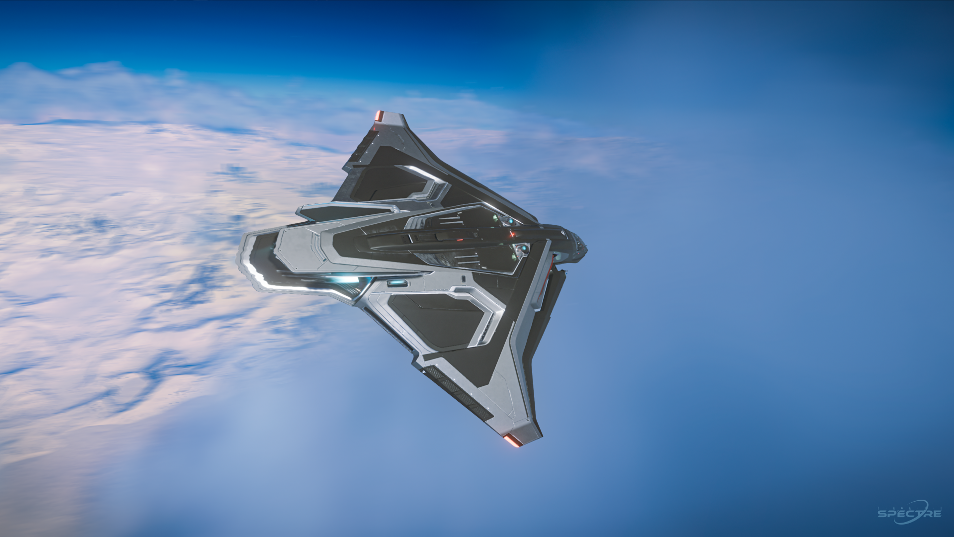 Star Citizen wallpaper featuring the Aegis Dynamics Sabre Firebird with a top-down perspective, highlighting symmetry, surface detail, and atmospheric clarity.