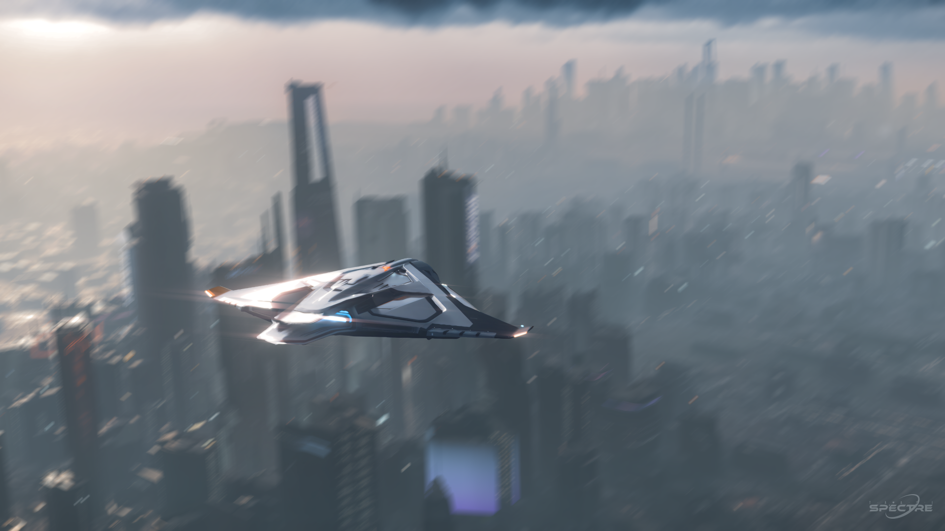 Star Citizen wallpaper showing the Aegis Dynamics Sabre Firebird flying above a blurred futuristic cityscape under overcast atmospheric conditions.