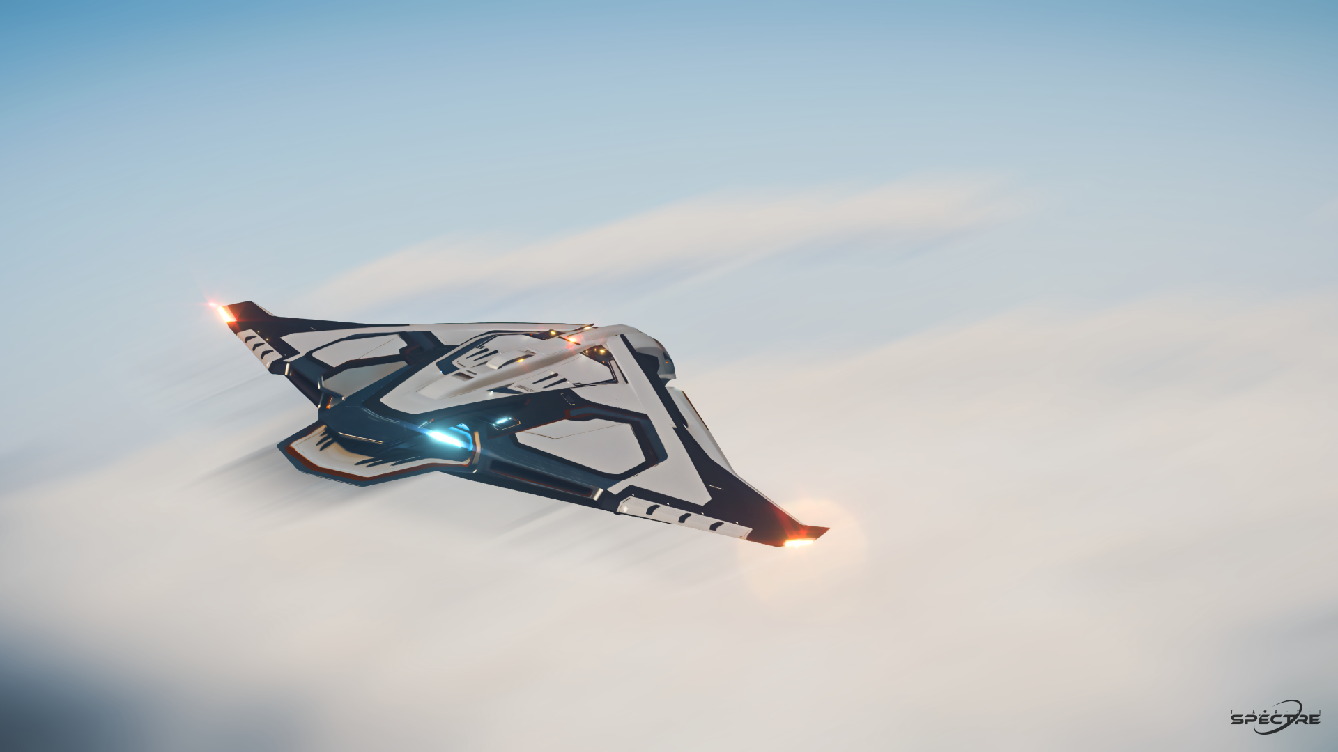 Star Citizen wallpaper featuring the Aegis Dynamics Sabre Firebird moving through bright cloud layers, emphasizing speed, motion blur, and a clean aerospace silhouette.
