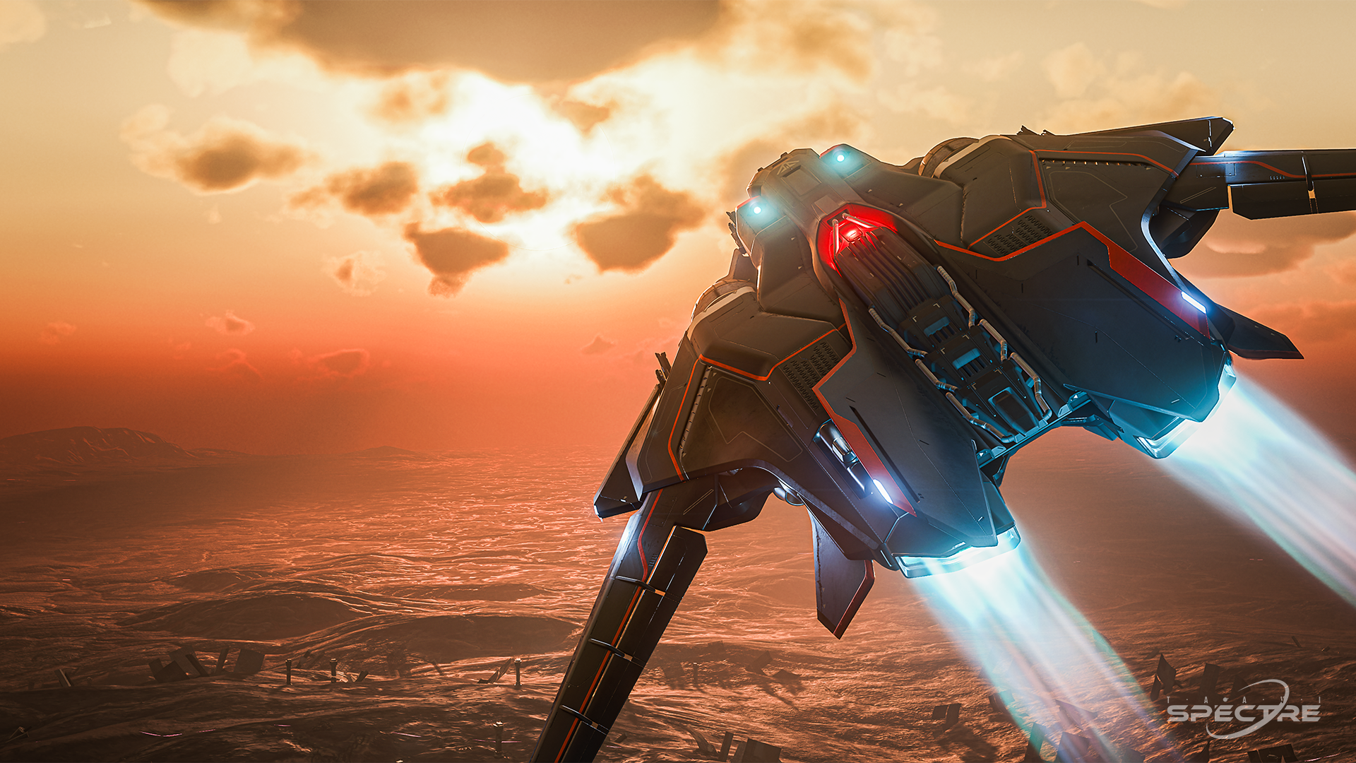 Star Citizen Sabre Black Magic flying into sunrise, cinematic sci-fi wallpaper focused on silhouette, light direction, and atmosphere.