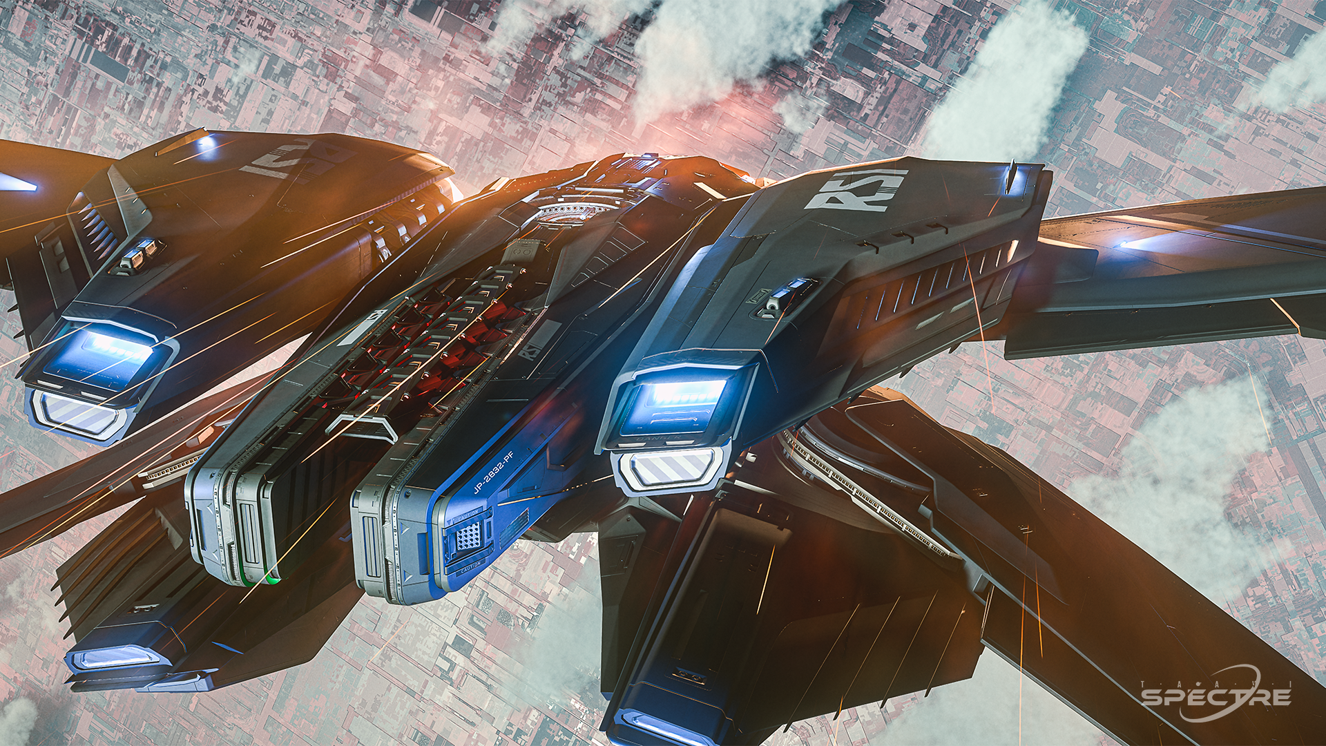 Aegis Gladius light fighter in Deck the Hull paint parked on a landing pad with open cockpit at sunset in Star Citizen