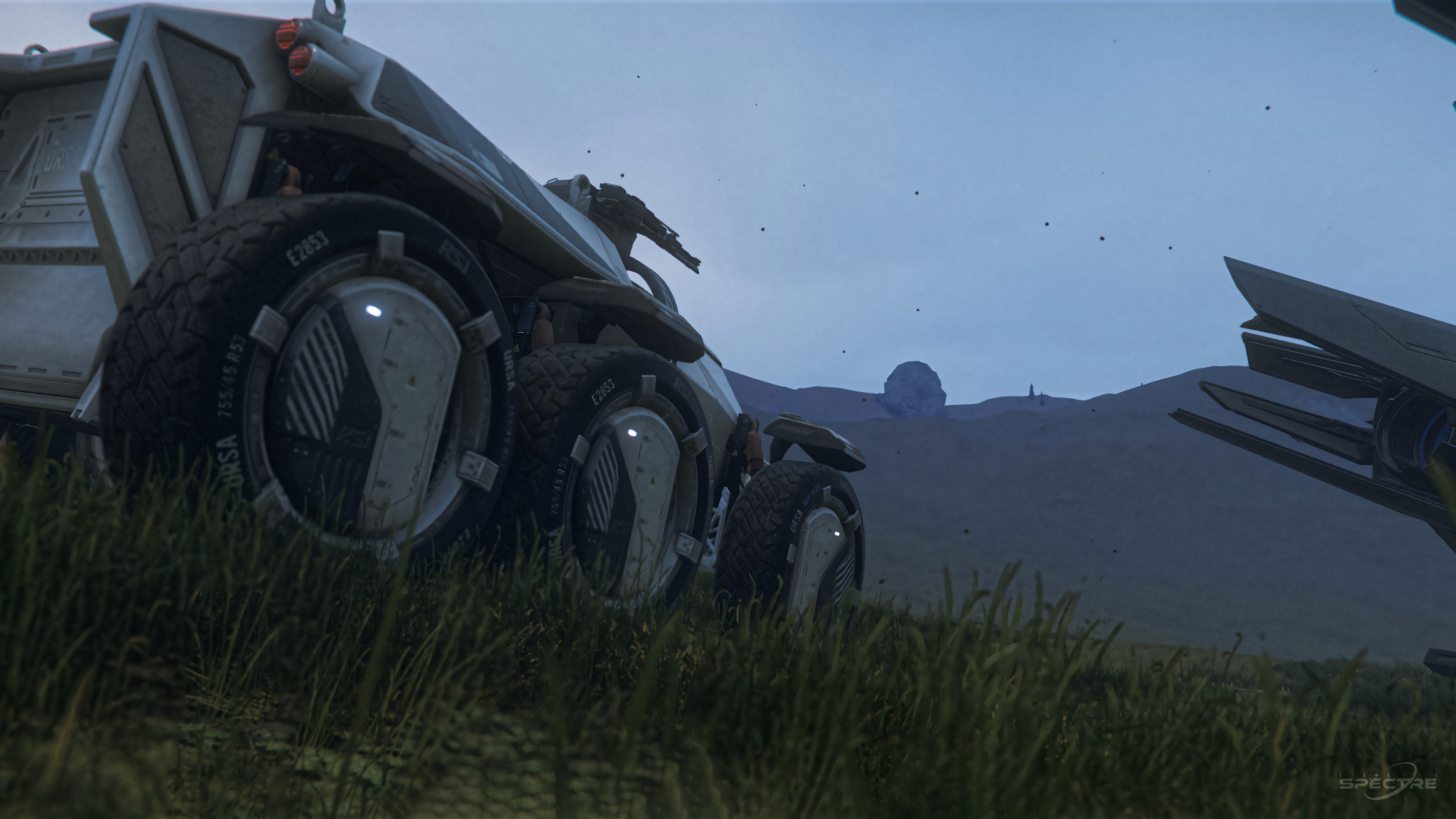 Aegis Gladius light fighter in Deck the Hull paint parked on a landing pad with open cockpit at sunset in Star Citizen