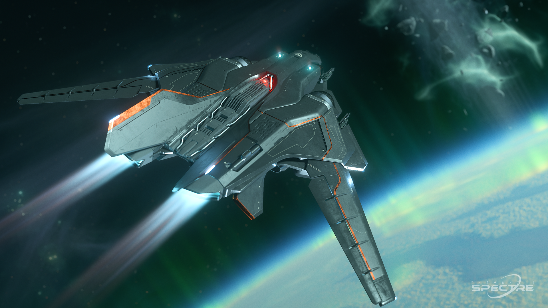 Star Citizen Sabre in Black Magic paint flying above a planetary horizon, captured as a cinematic science fiction wallpaper with controlled lighting.