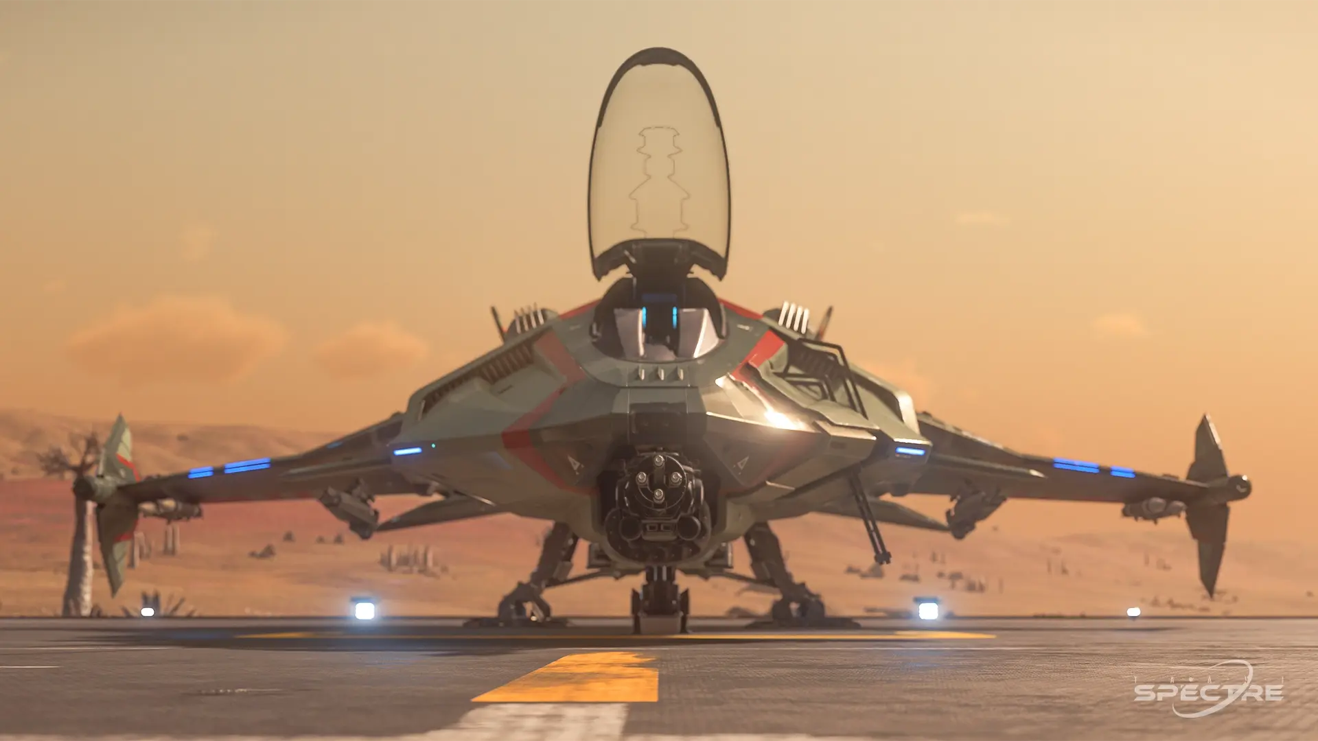 Front view of an Aegis Gladius in Deck the Hull paint on a landing pad at sunset in Star Citizen