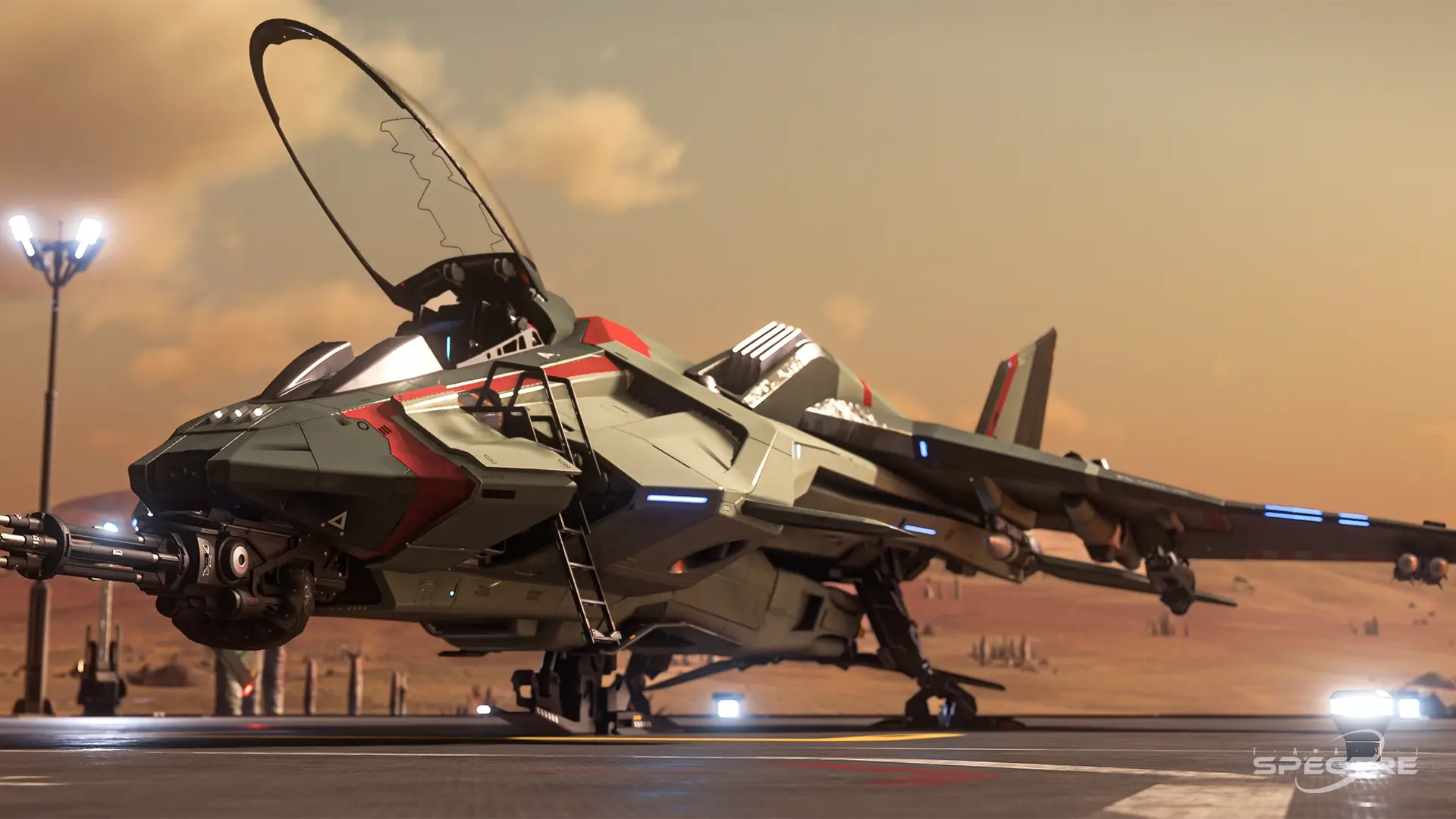 Aegis Gladius light fighter in Deck the Hull paint parked on a landing pad with open cockpit at sunset in Star Citizen