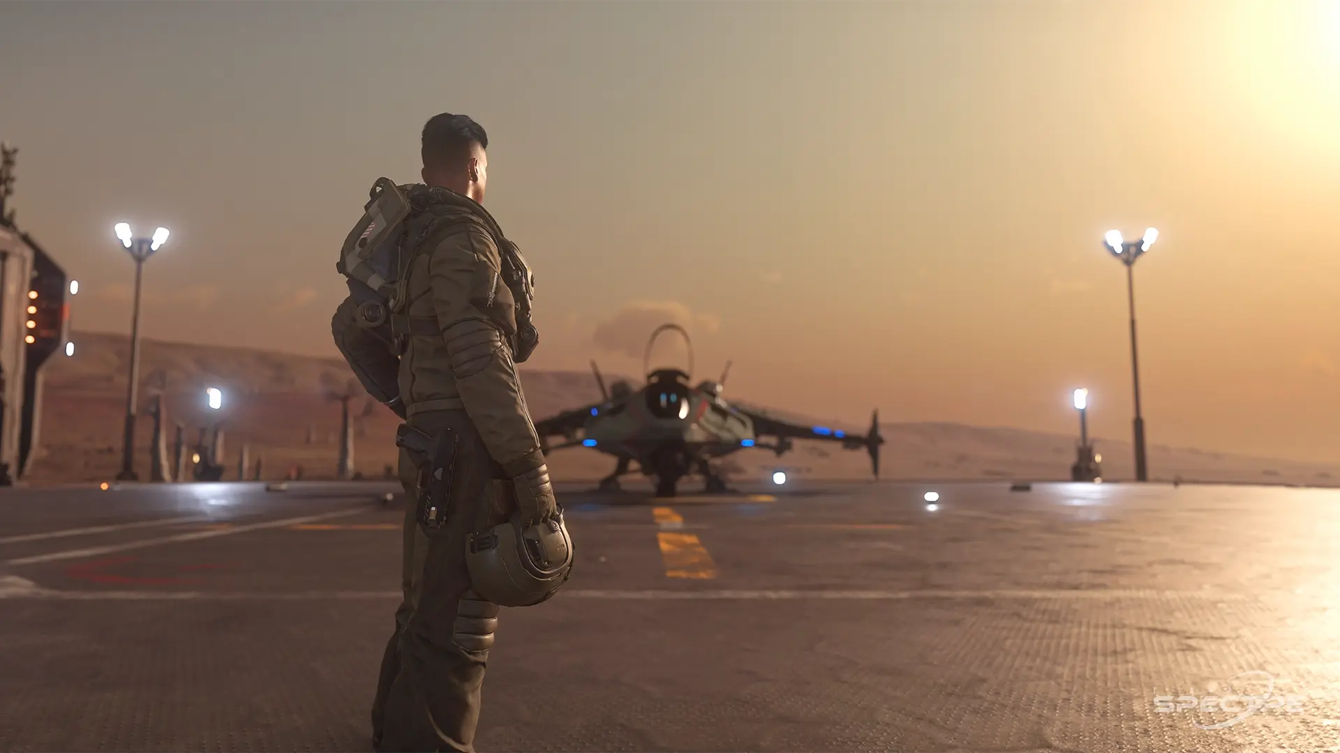 Pilot standing on a landing pad in front of an Aegis Gladius with Deck the Hull paint at sunset in Star Citizen