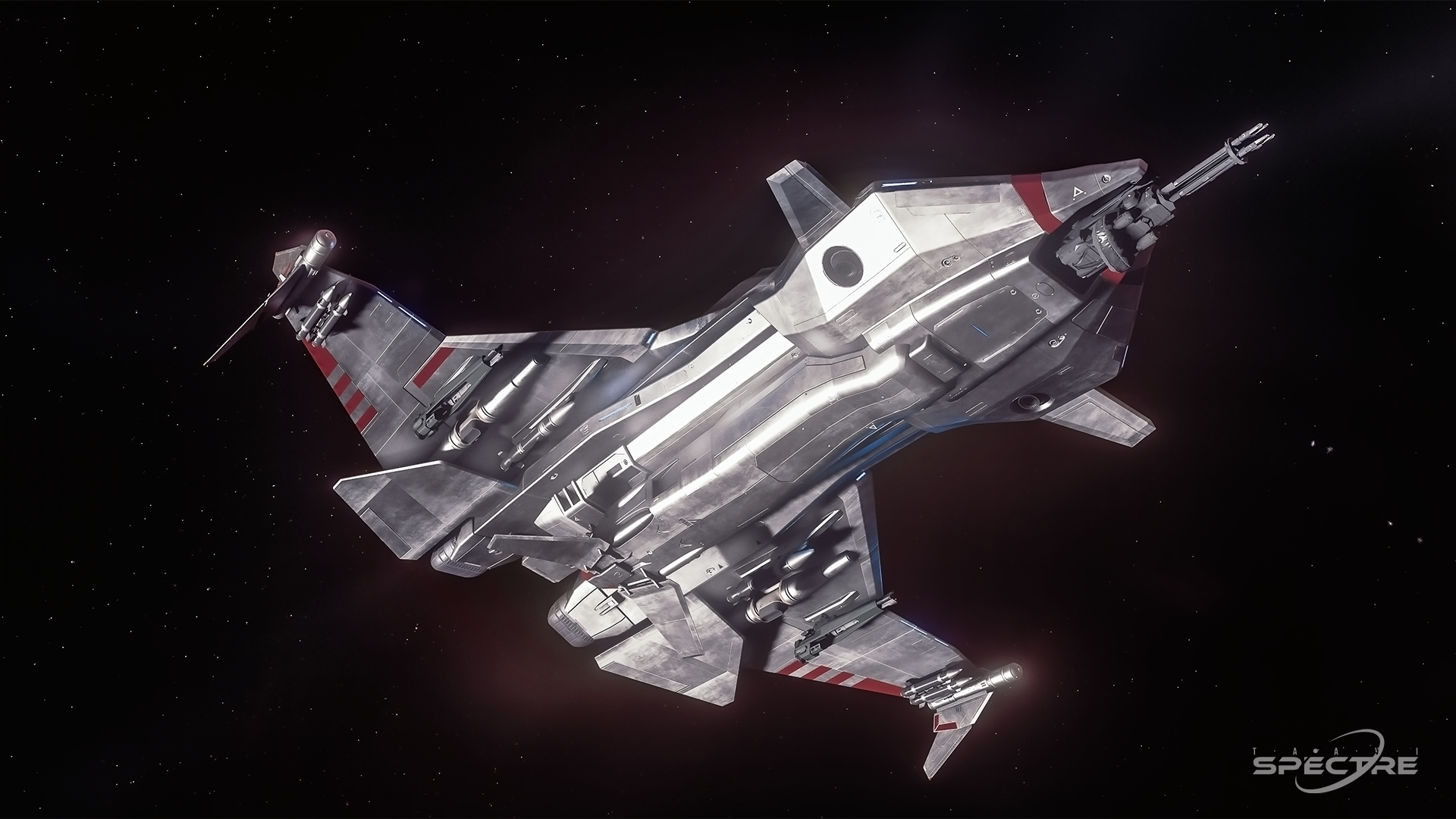 Aegis Gladius with Solar Winds paint flying in deep space in Star Citizen, viewed from below with metallic panels catching soft starlight.