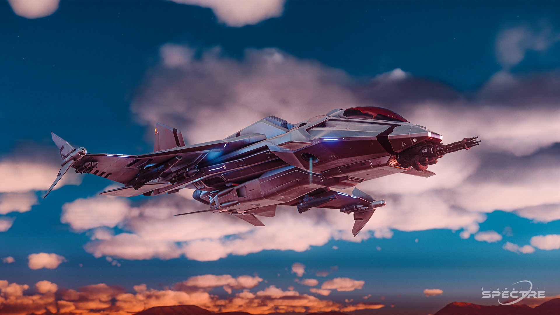 Aegis Gladius with Solar Winds paint flying above layered clouds in Star Citizen, captured from a low side angle with soft evening light.