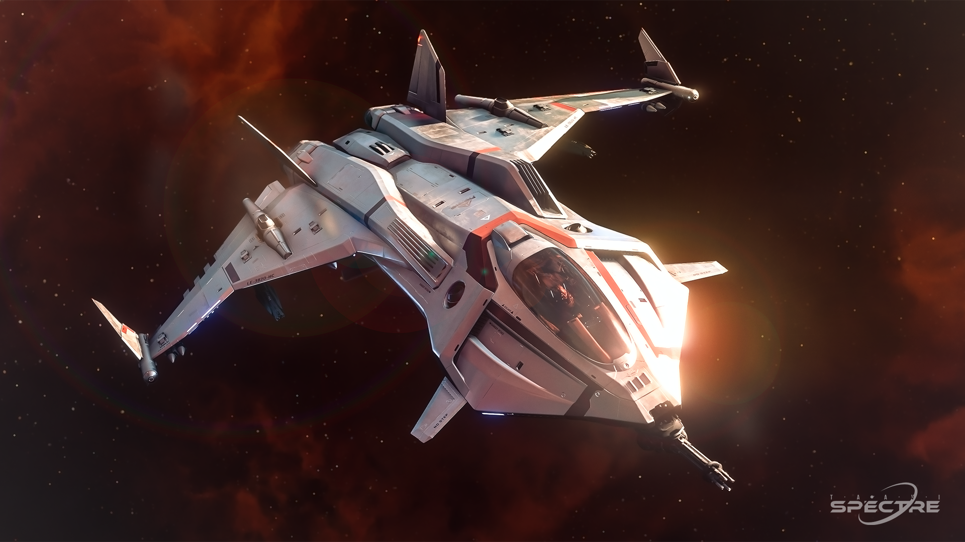 Aegis Gladius in Solar Winds paint flying through deep space in Star Citizen, sunlit hull edges cutting through a dark nebula backdrop.