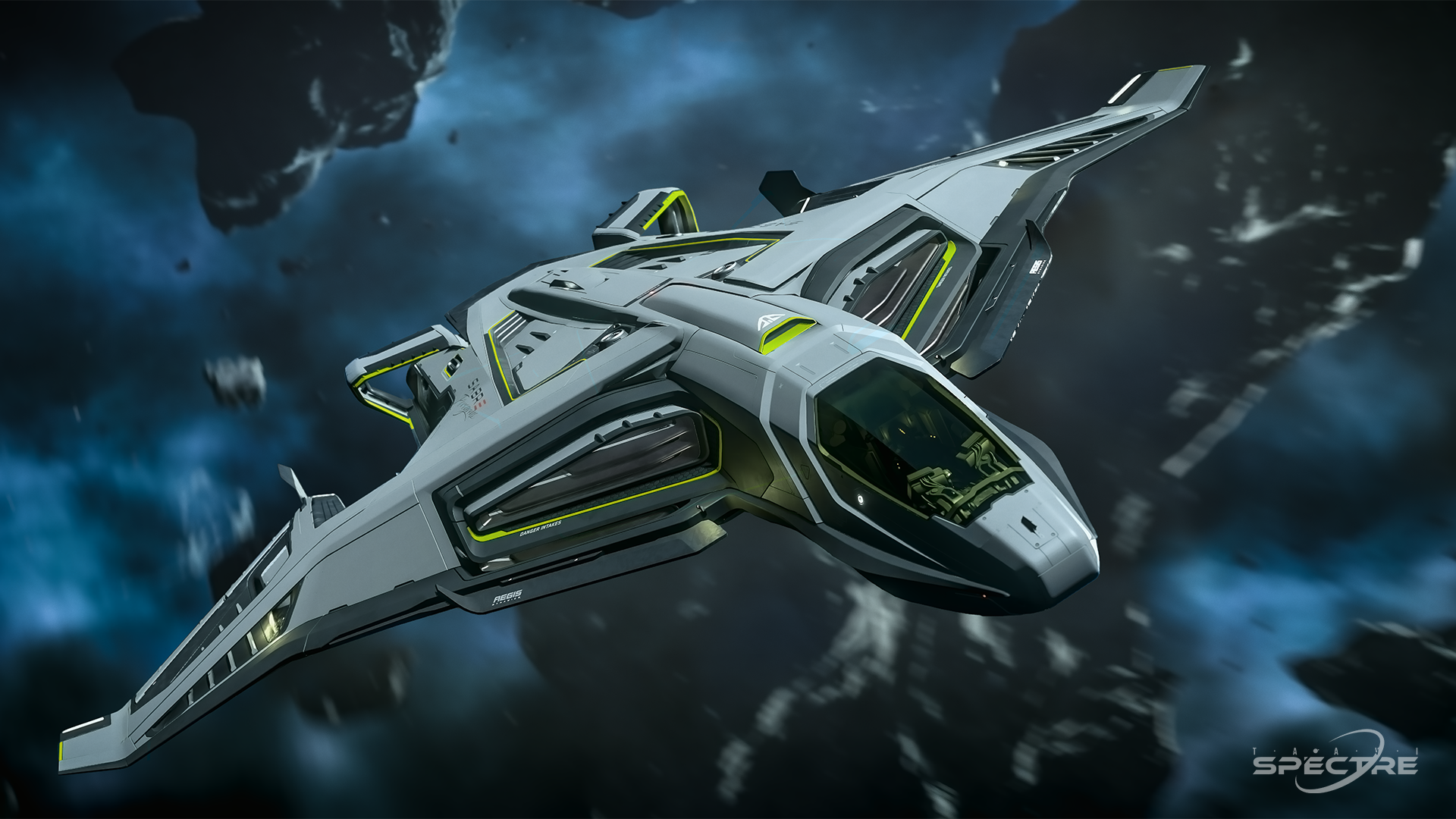 Star Citizen wallpaper showing the Aegis Dynamics Sabre Peregrine flying through an asteroid field, emphasizing silhouette, material contrast, and directional light.